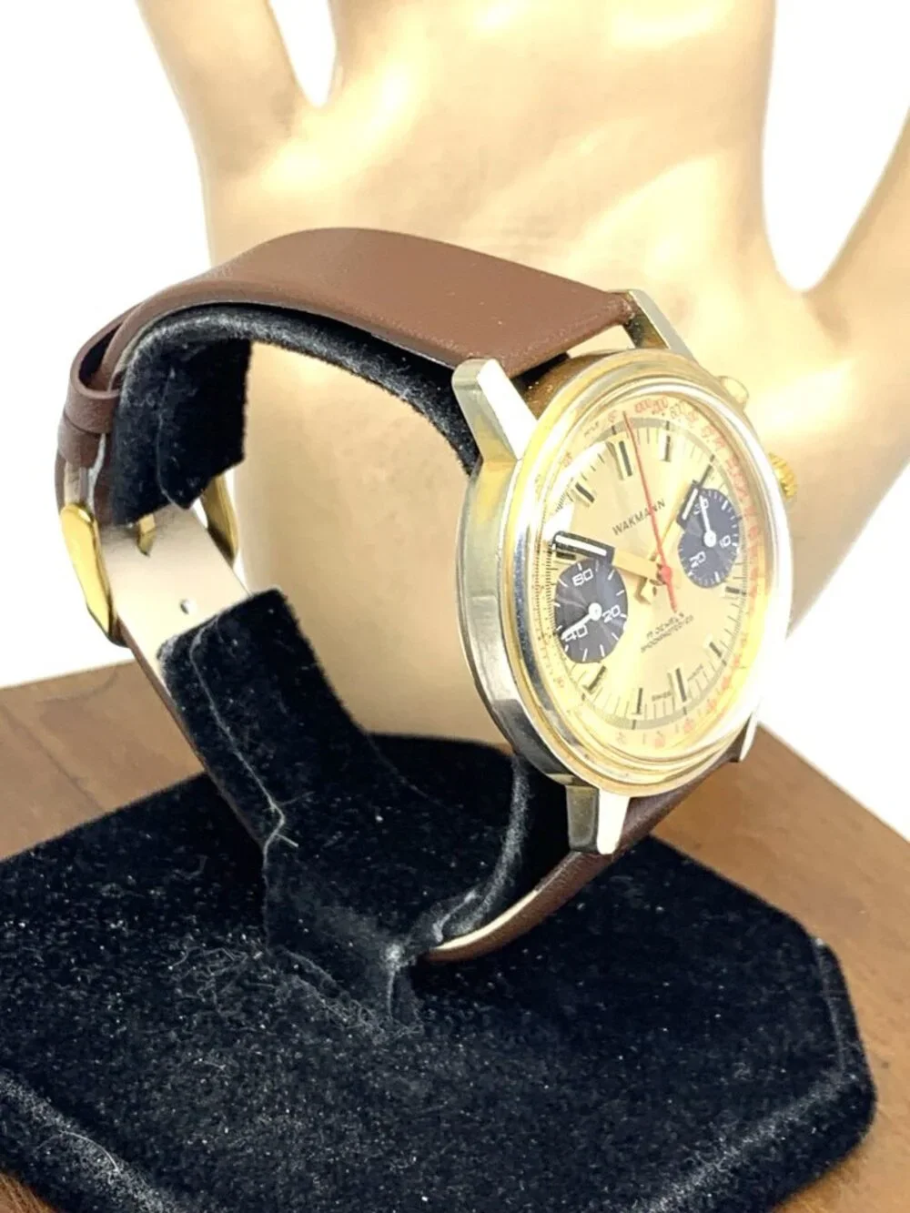 Wakmann Men's Watch Vintage Swiss Manual Wind 1376 Chronograph Gold Dial 37mm